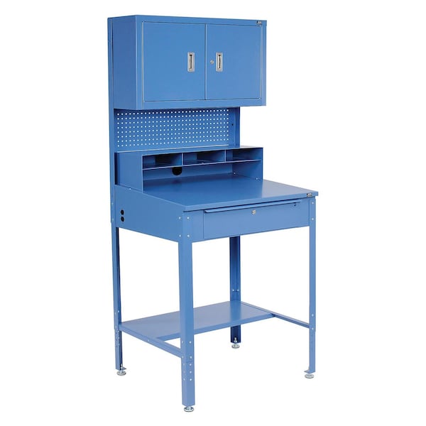 Global Industrial Shop Desk w/Pigeonhole Compartments, Cabinet Riser, 34-1/2W x 30D x 38 to 42-1/2H, Blue 249690 - main